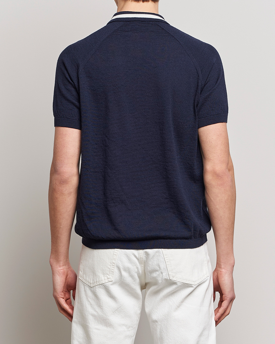 Mies | Pikeet | Peregrine | Textured Wool Short Sleeve Poloshirt Navy