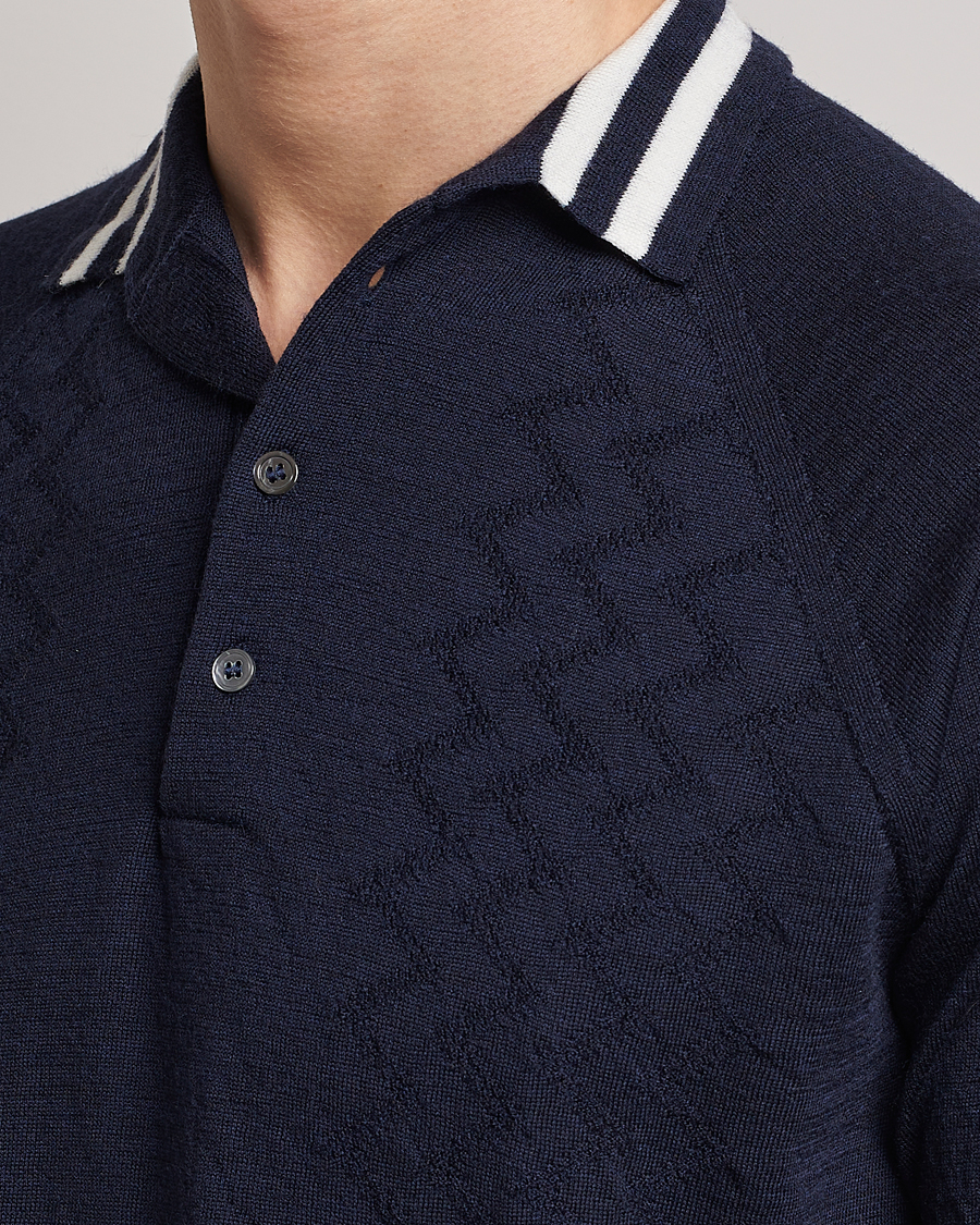 Mies | Pikeet | Peregrine | Textured Wool Short Sleeve Poloshirt Navy