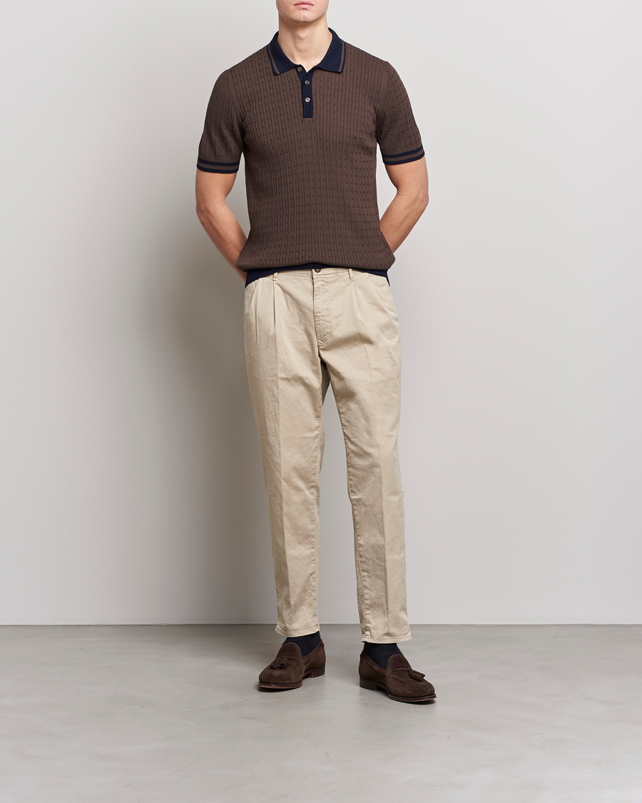 Mies | Pikeet | Gran Sasso | Cable Knitted Contrast Polo Dark Brown