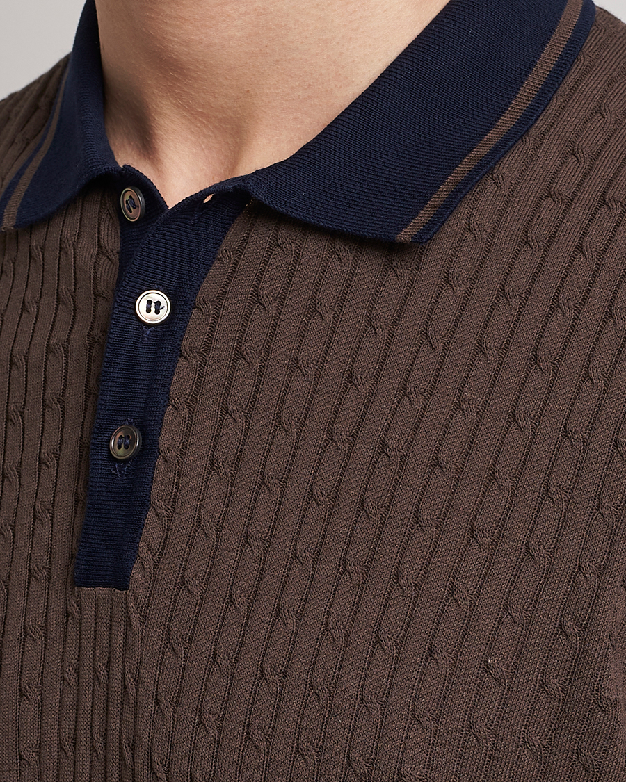 Mies | Pikeet | Gran Sasso | Cable Knitted Contrast Polo Dark Brown