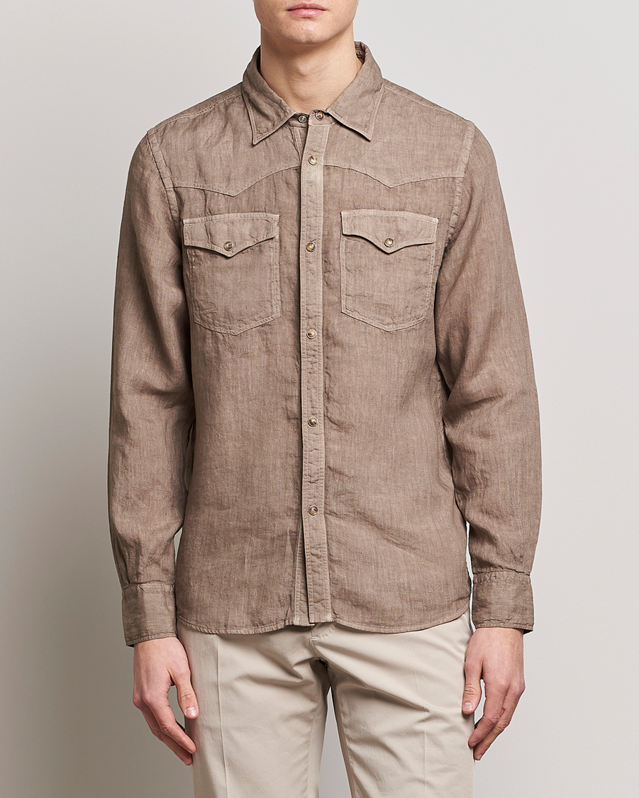 Mies | Gran Sasso | Gran Sasso | Casual Pocket Linen Shirt Medium Brown