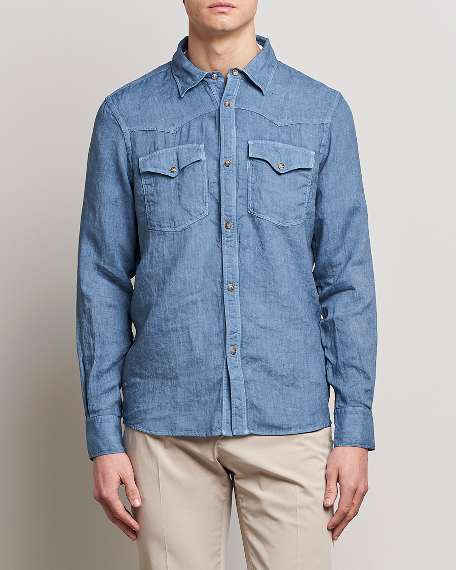 Mies | Pellavapaidat | Gran Sasso | Casual Pocket Linen Shirt Blue