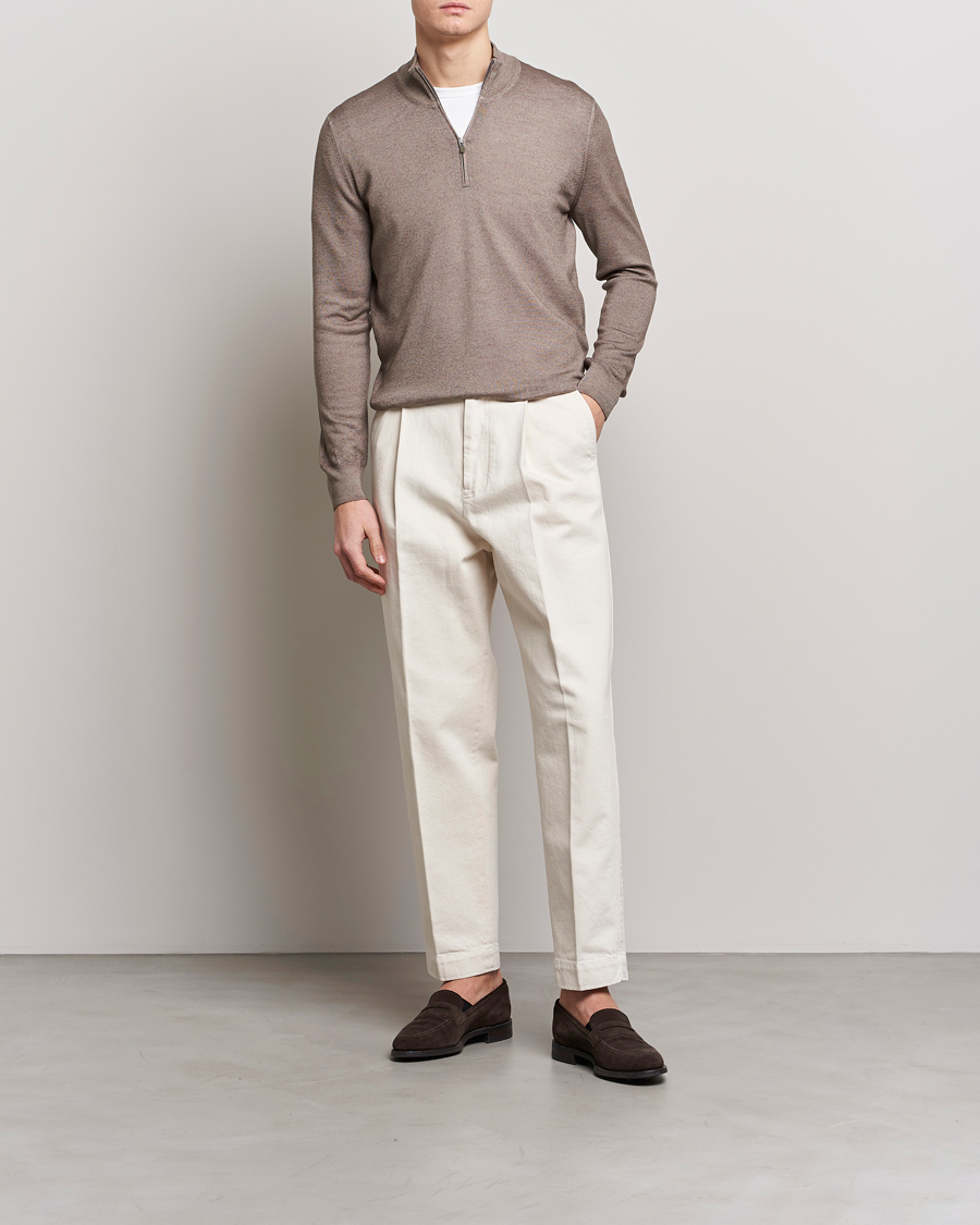 Mies | Puserot | Gran Sasso | Summer Merino Half Zip Sweater Brown Melange