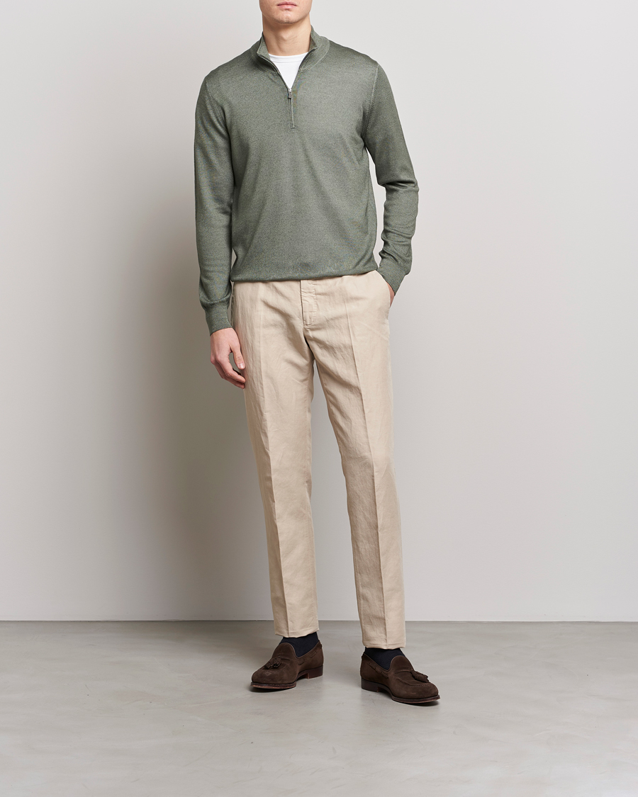 Mies | Puserot | Gran Sasso | Summer Merino Half Zip Sweater Green Melange