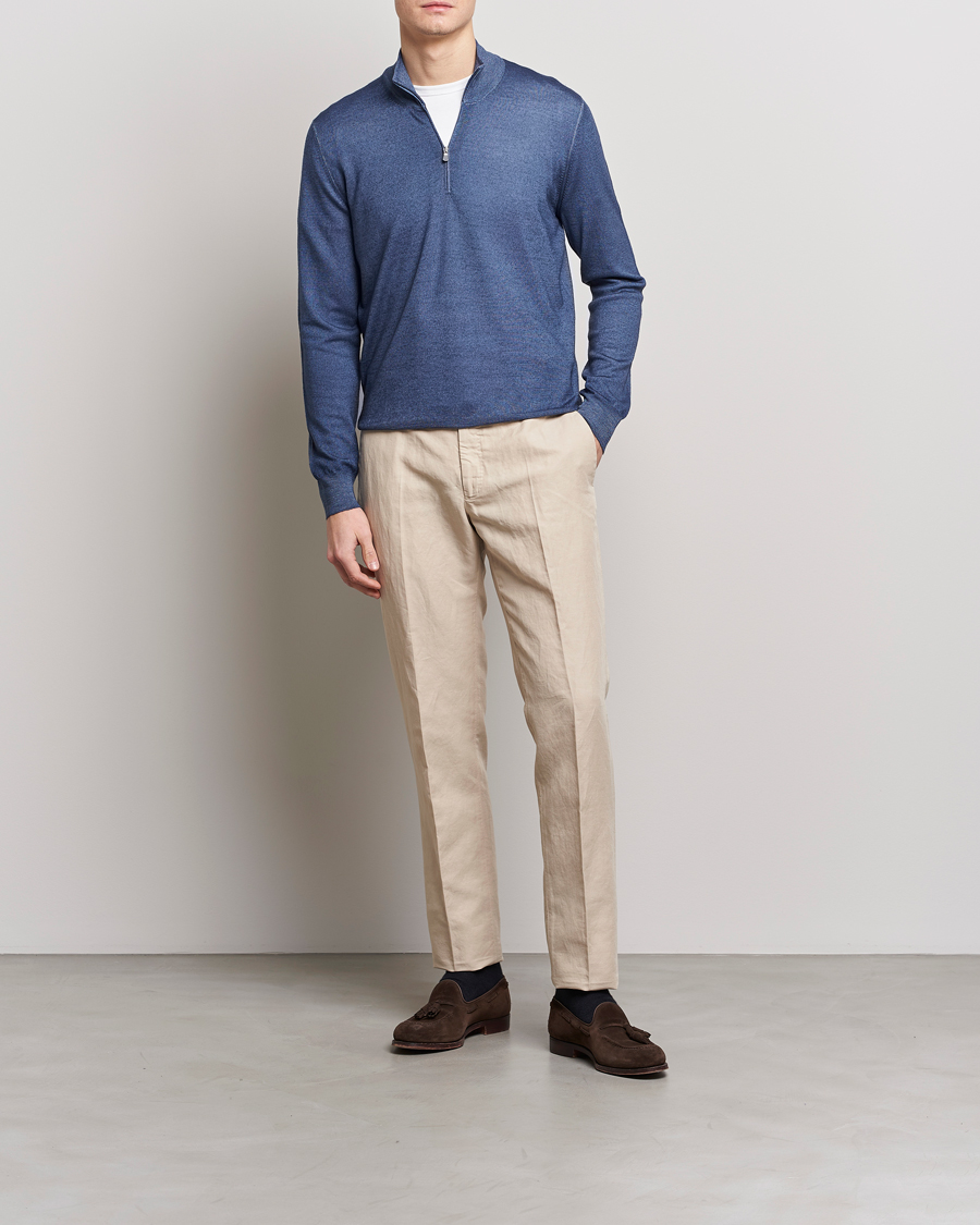 Mies | Puserot | Gran Sasso | Summer Merino Half Zip Sweater Blue Melange