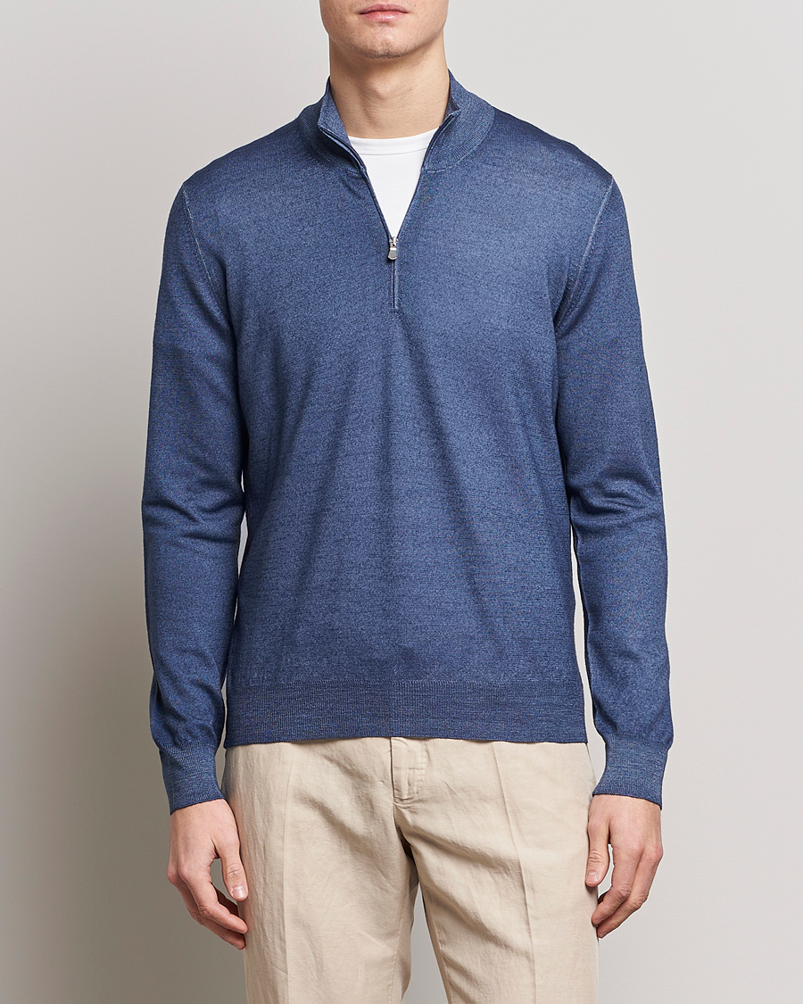 Mies | Gran Sasso | Gran Sasso | Summer Merino Half Zip Sweater Blue Melange