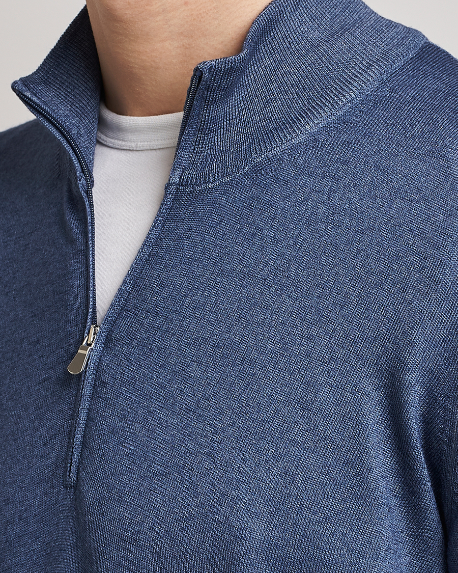 Mies | Puserot | Gran Sasso | Summer Merino Half Zip Sweater Blue Melange