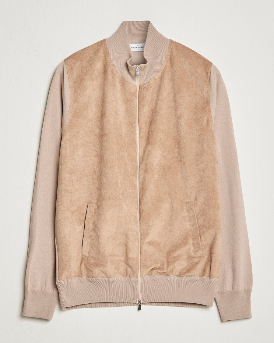 Mies | Puserot | Gran Sasso | Knitted Cotton/Alcantara Full Zip Beige