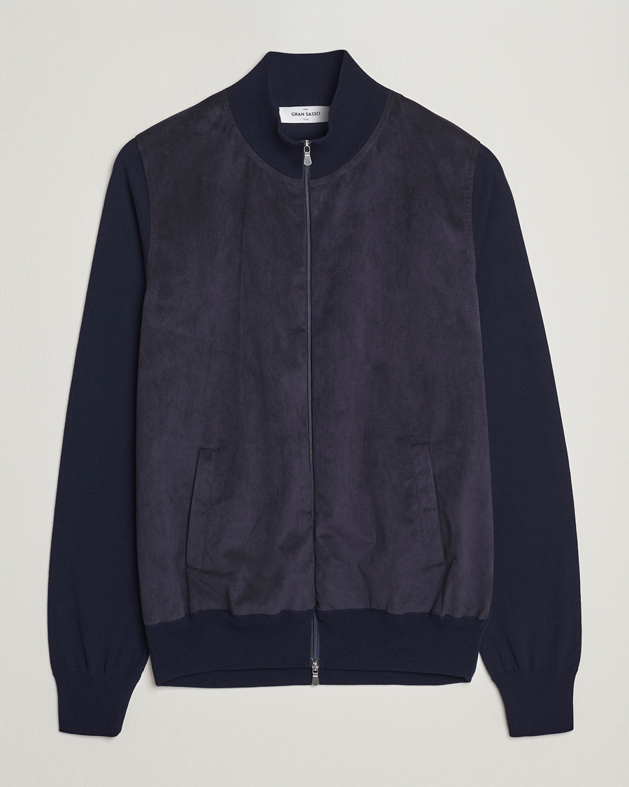 Mies | Puserot | Gran Sasso | Knitted Cotton/Alcantara Full Zip Navy