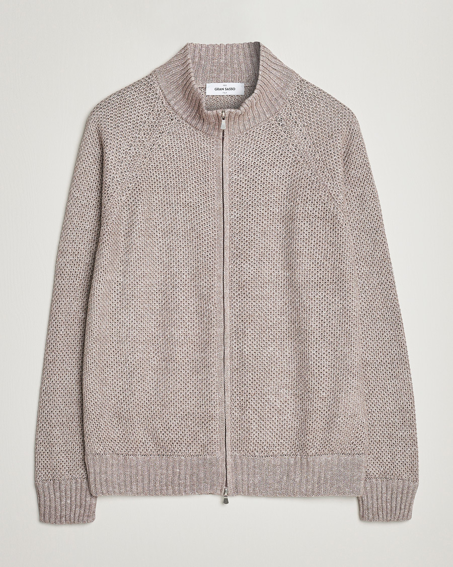 Mies | Puserot | Gran Sasso | Structured Cotton/Linen Full Zip Beige Melange