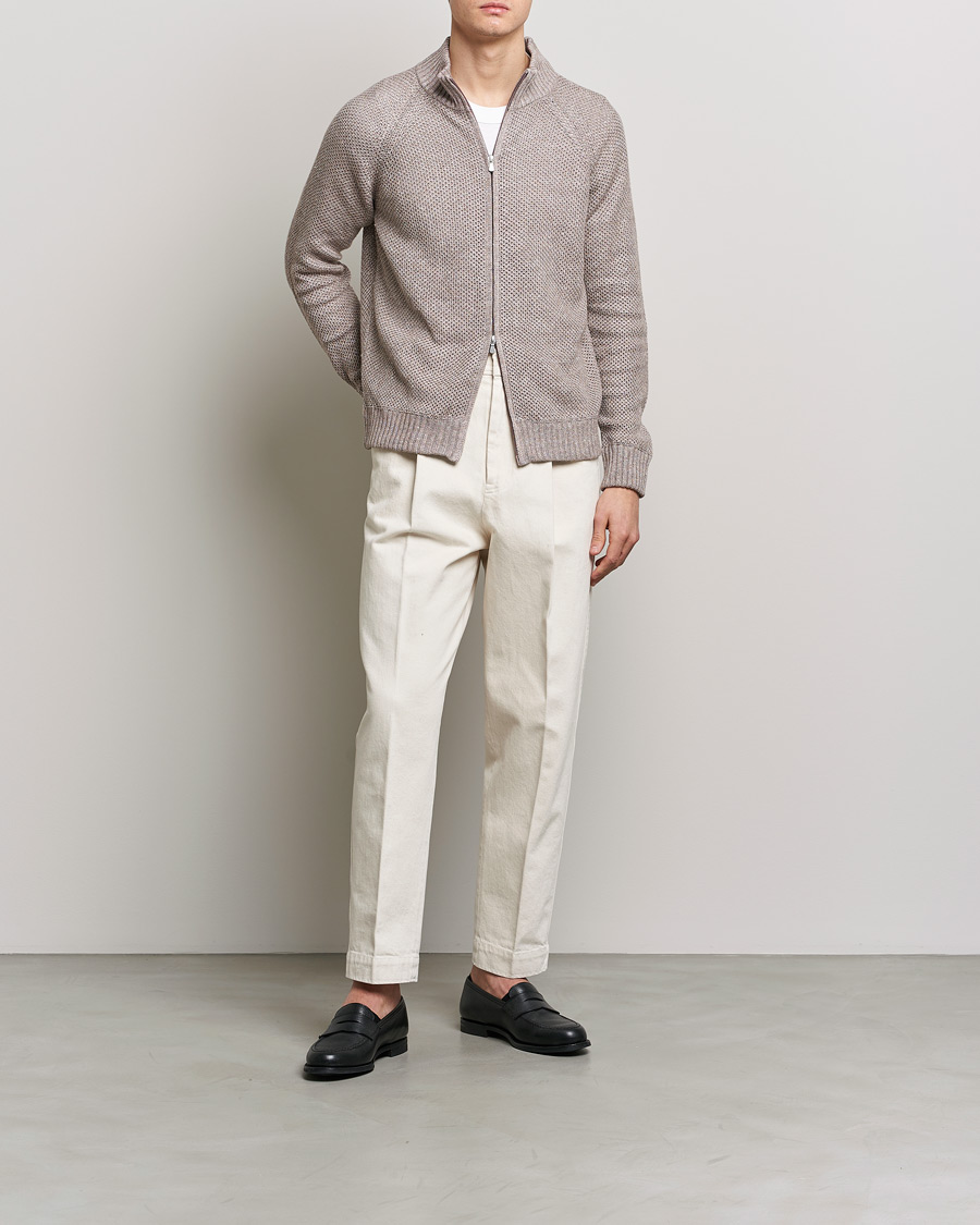Mies | Puserot | Gran Sasso | Structured Cotton/Linen Full Zip Beige Melange