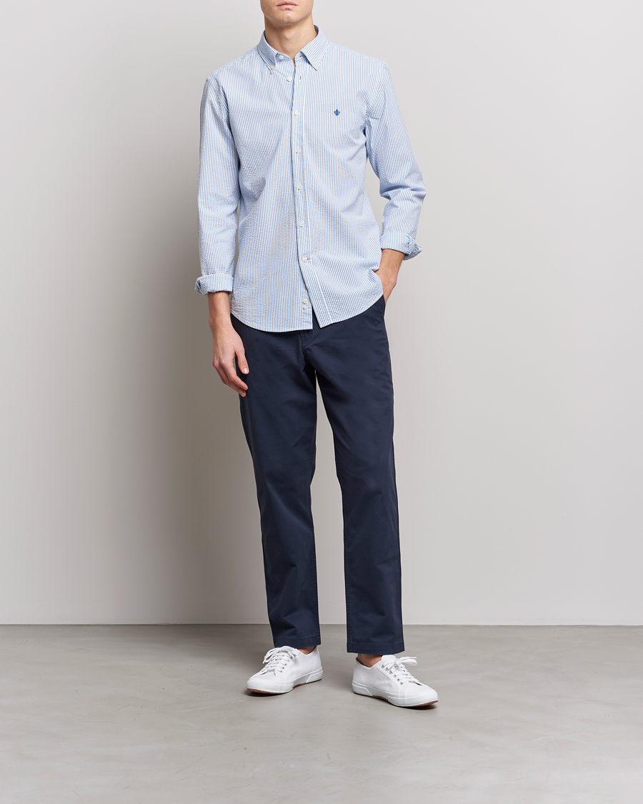 Mies | Kauluspaidat | Morris | Seersucker Button Down Shirt Light Blue/White