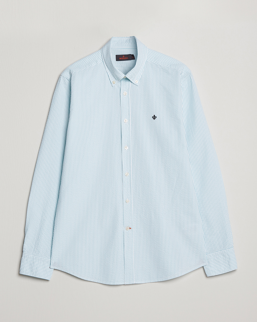 Mies | Kauluspaidat | Morris | Seersucker Button Down Shirt Aqua/White