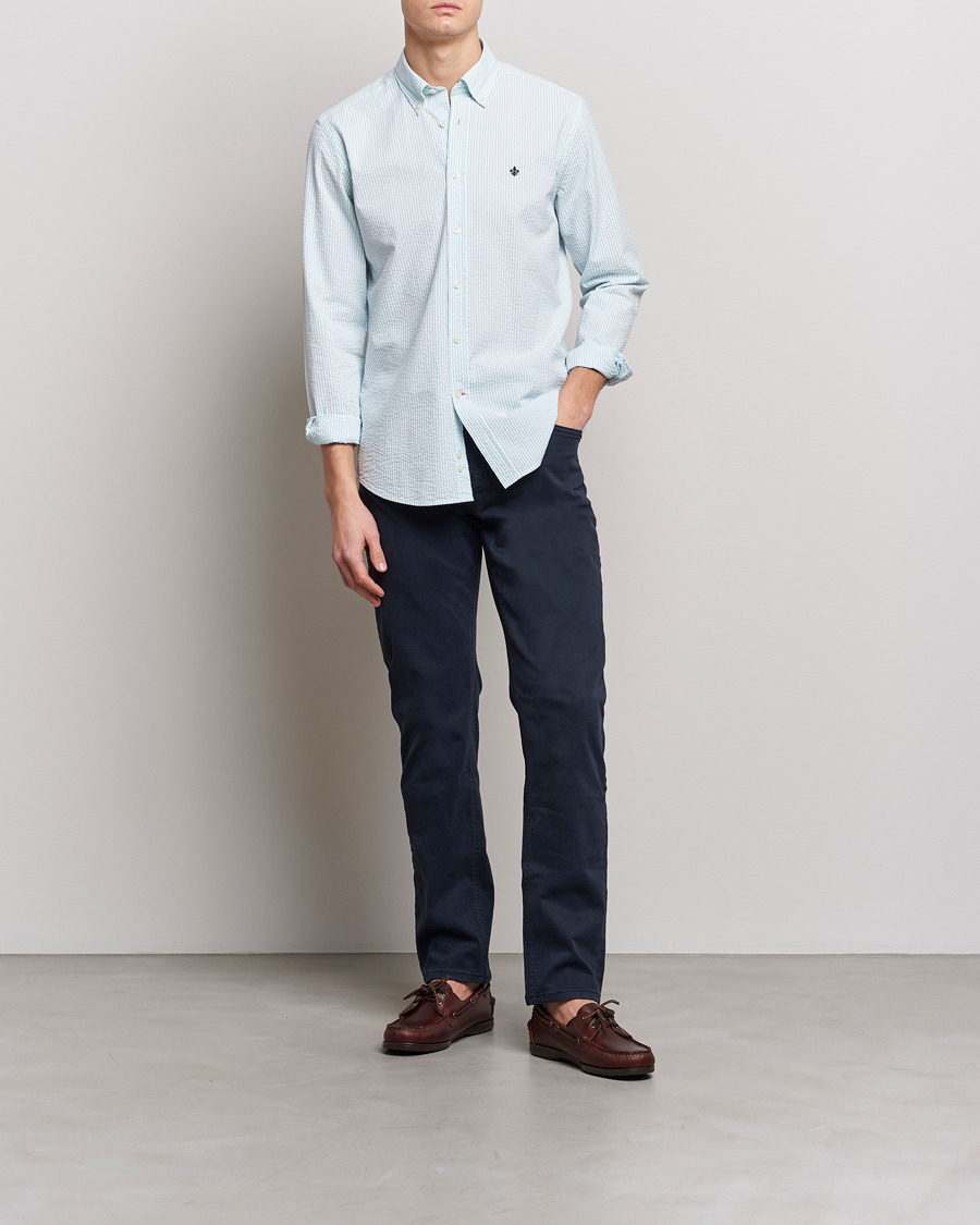 Mies | Kauluspaidat | Morris | Seersucker Button Down Shirt Aqua/White