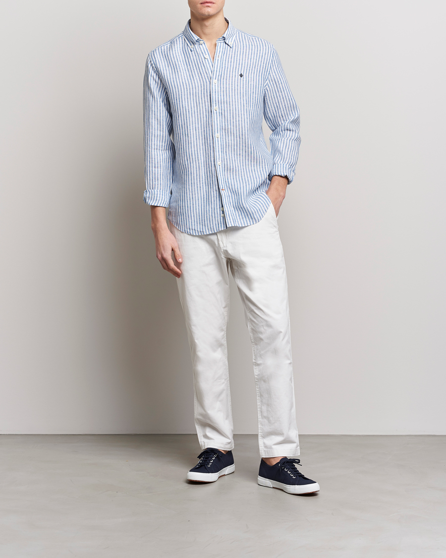 Mies | Kauluspaidat | Morris | Douglas Linen Button Down Striped Shirt Navy/White