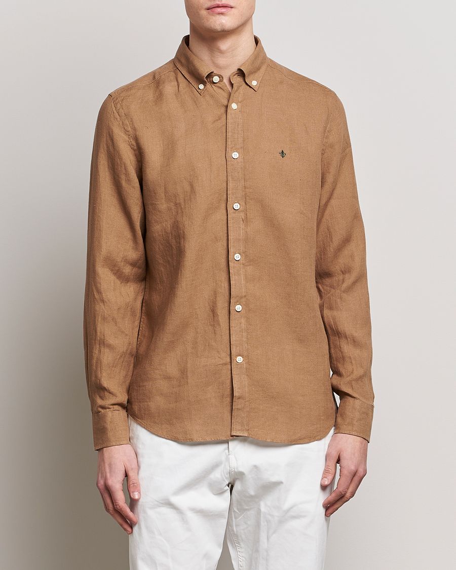Mies | Pellavapaidat | Morris | Douglas Linen Button Down Shirt Khaki Brown