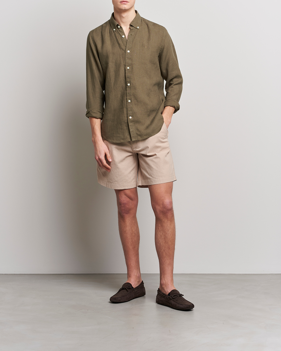 Mies | Kauluspaidat | Morris | Douglas Linen Button Down Shirt Dark Green