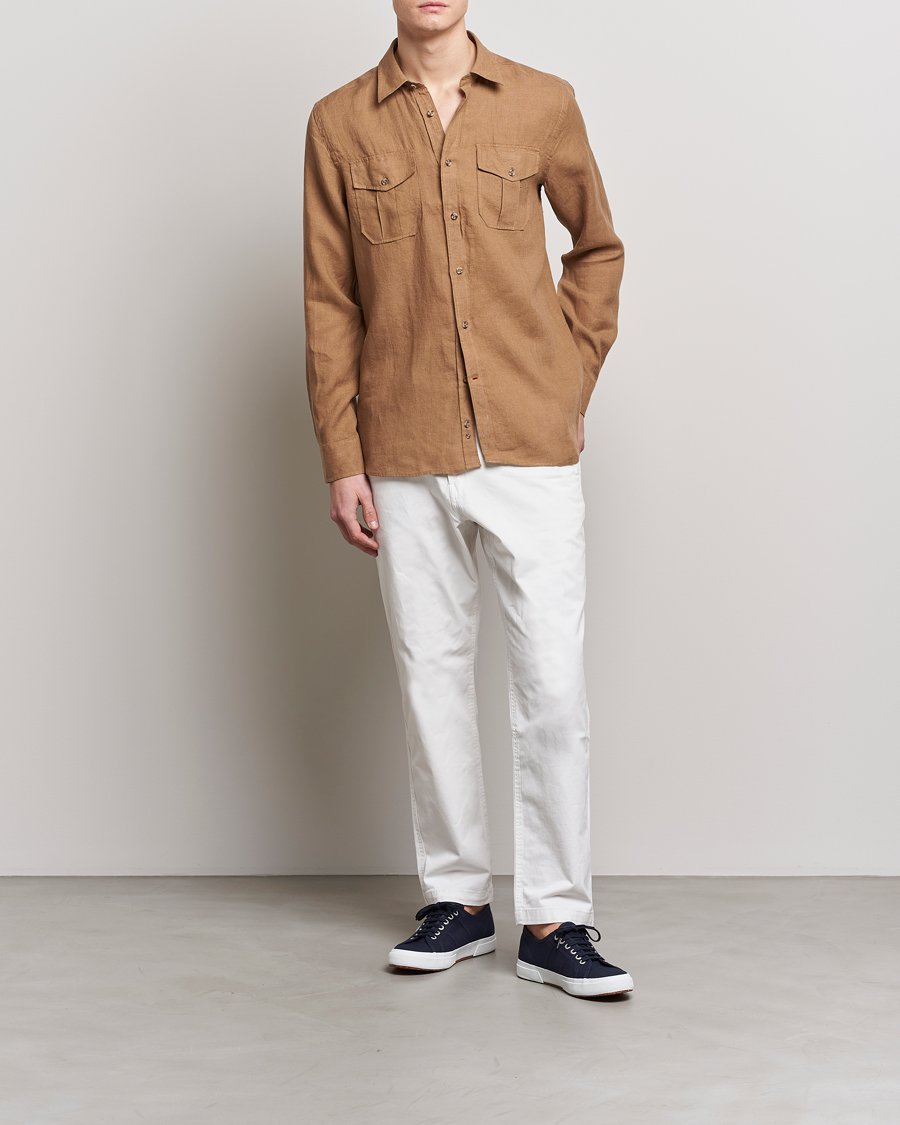 Mies | Kauluspaidat | Morris | Safari Linen Shirt Khaki Brown