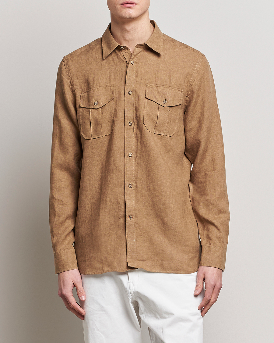 Mies | Pellavapaidat | Morris | Safari Linen Shirt Khaki Brown