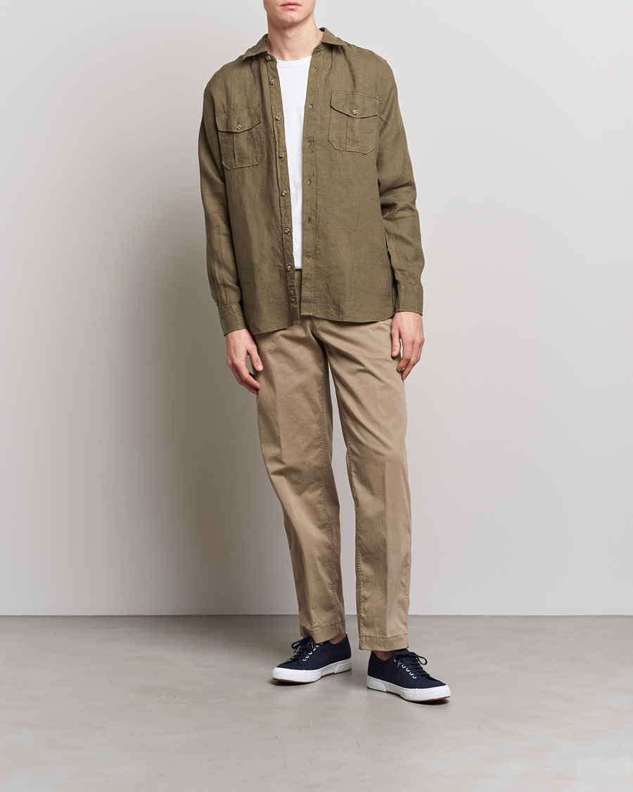 Mies | Kauluspaidat | Morris | Safari Linen Shirt Dark Green