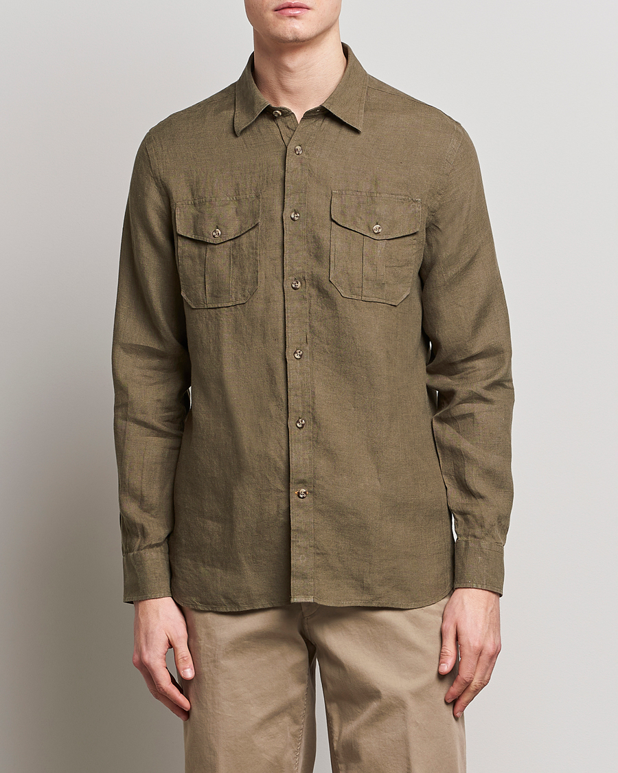 Mies | Pellavapaidat | Morris | Safari Linen Shirt Dark Green