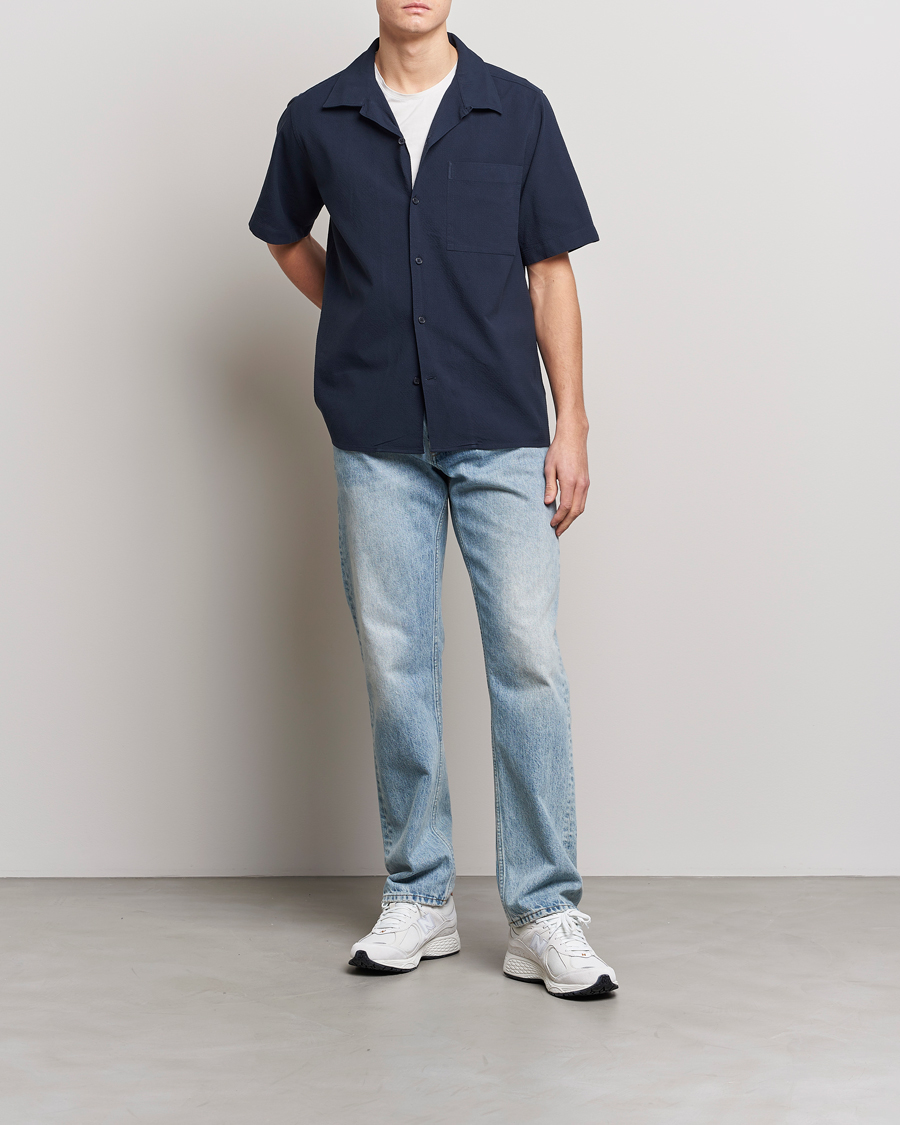 Mies | Kauluspaidat | NN07 | Julio Seersucker Short Sleeve Shirt Navy Blue