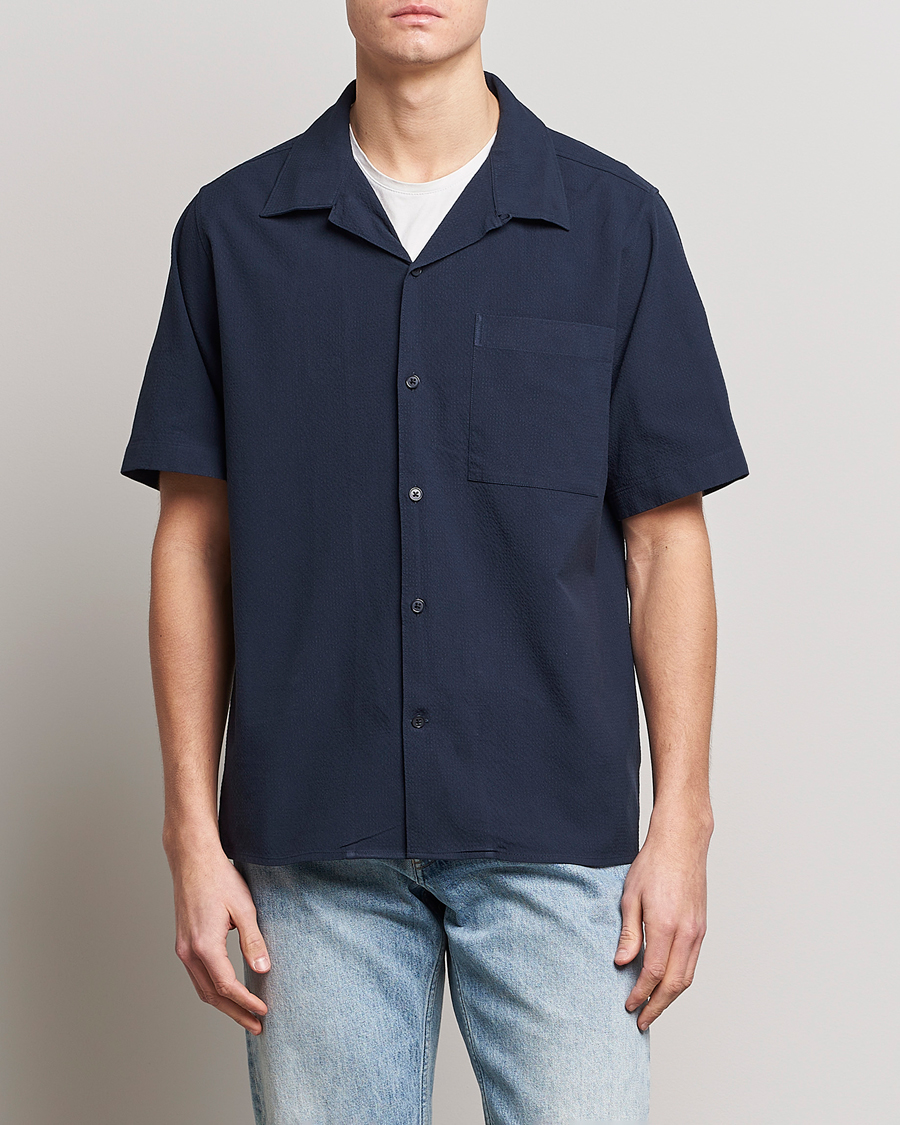 Mies | Kauluspaidat | NN07 | Julio Seersucker Short Sleeve Shirt Navy Blue