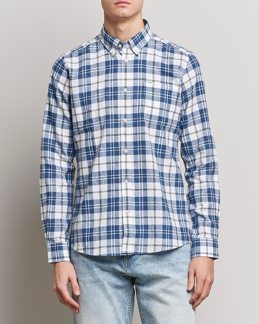 Mies |  | Barbour Lifestyle | Tailored Fit Thorpe Cotton/Linen Checked Shirt Blue
