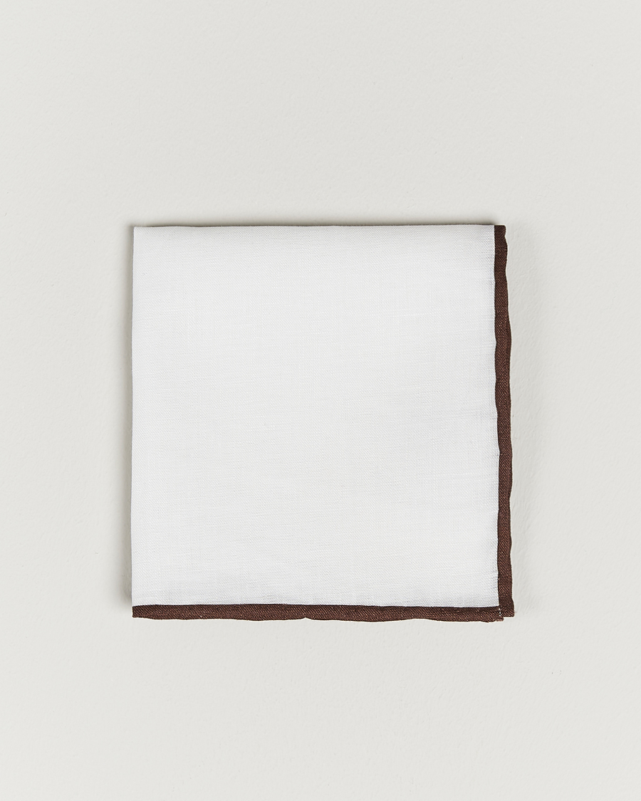 Mies | Amanda Christensen Linen Paspoal Pocket Square White/Brown | Amanda Christensen | Linen Paspoal Pocket Square White/Brown