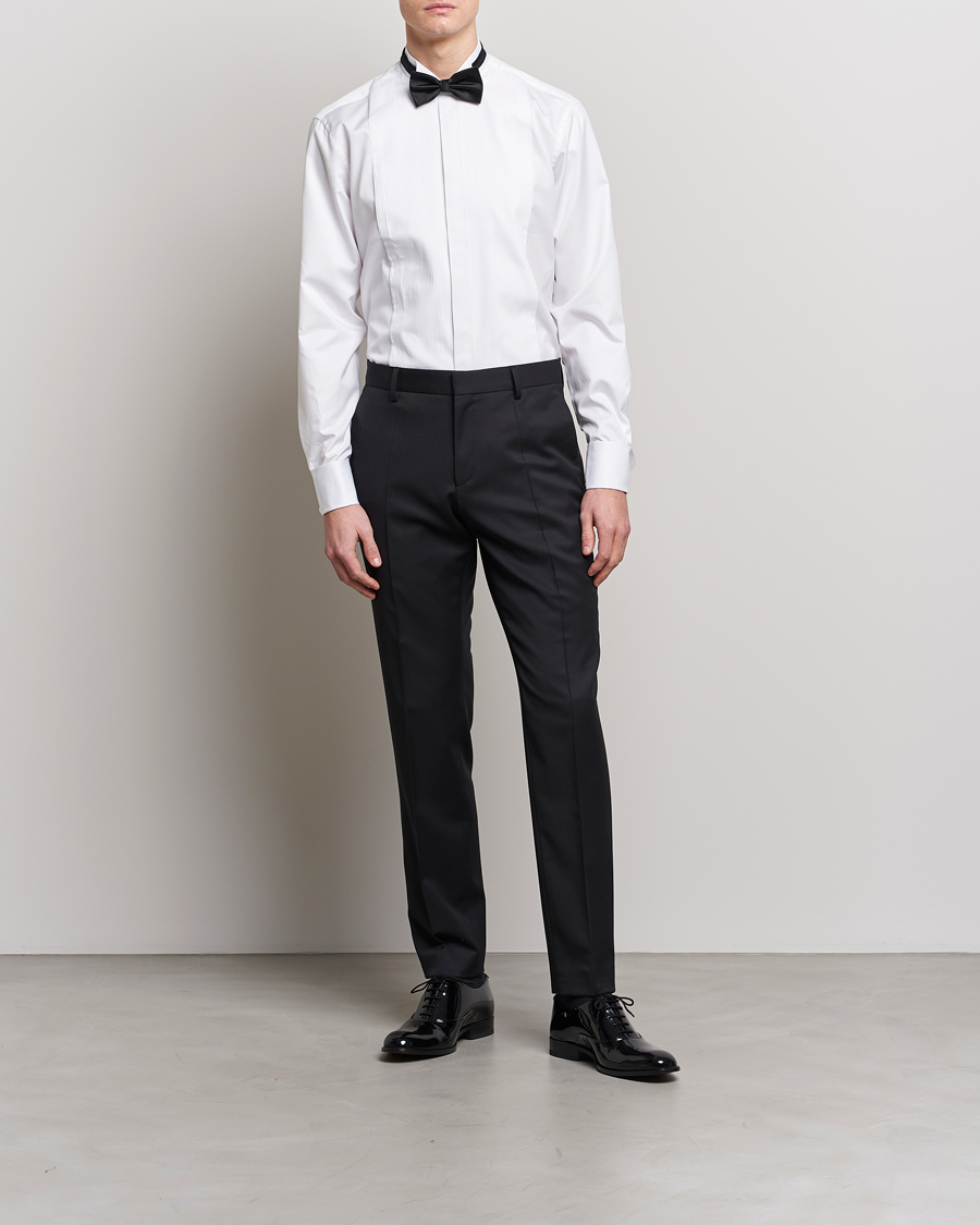 Mies | Black Tie | Stenströms | Fitted Body Stand Up Collar Plissè Shirt White