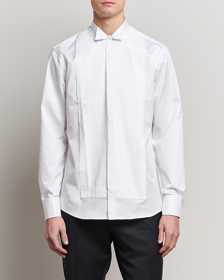 Mies |  | Stenströms | Fitted Body Stand Up Collar Plissè Shirt White