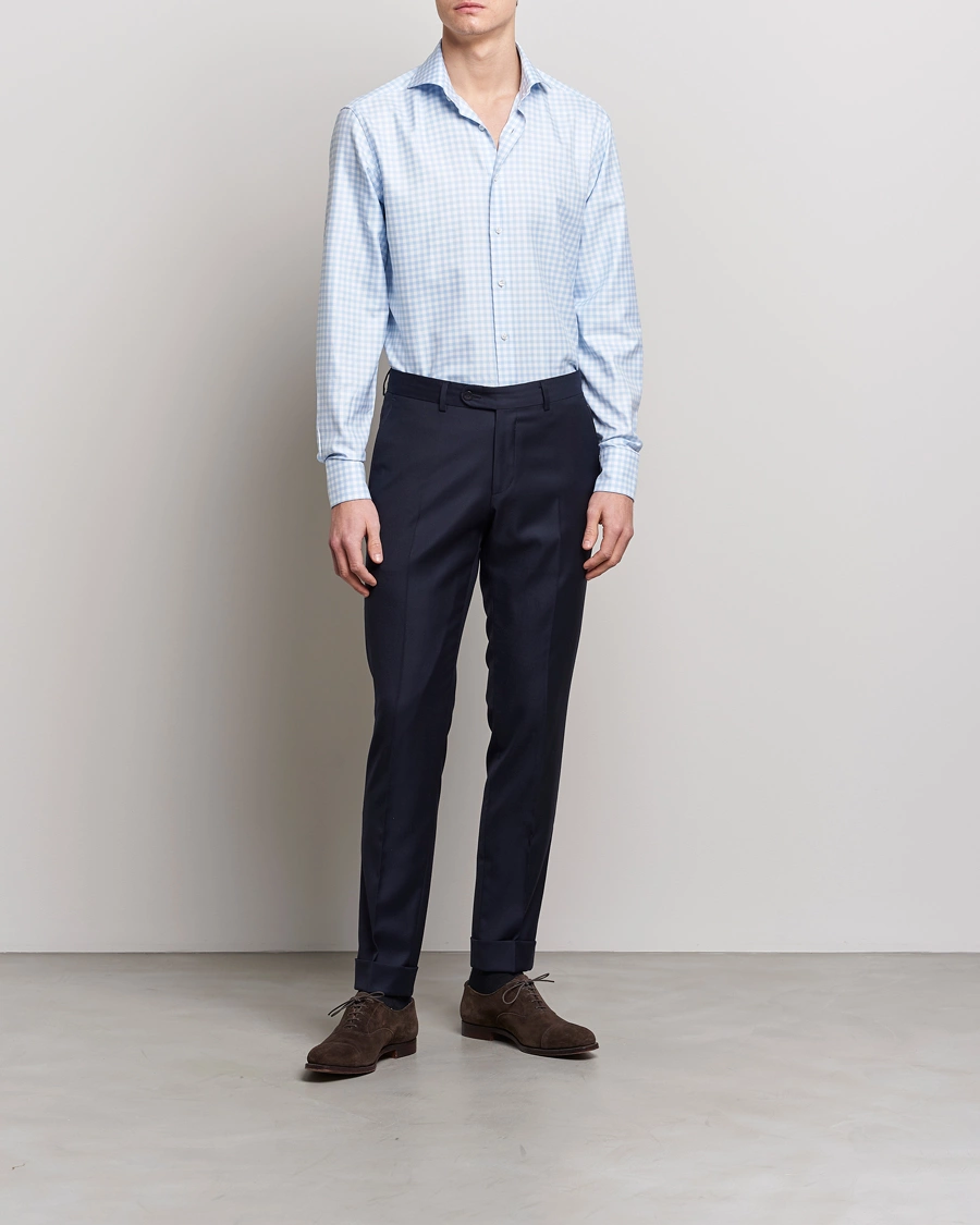 Mies | Business & Beyond | Stenströms | Fitted Body Checked Cut Away Shirt Light Blue