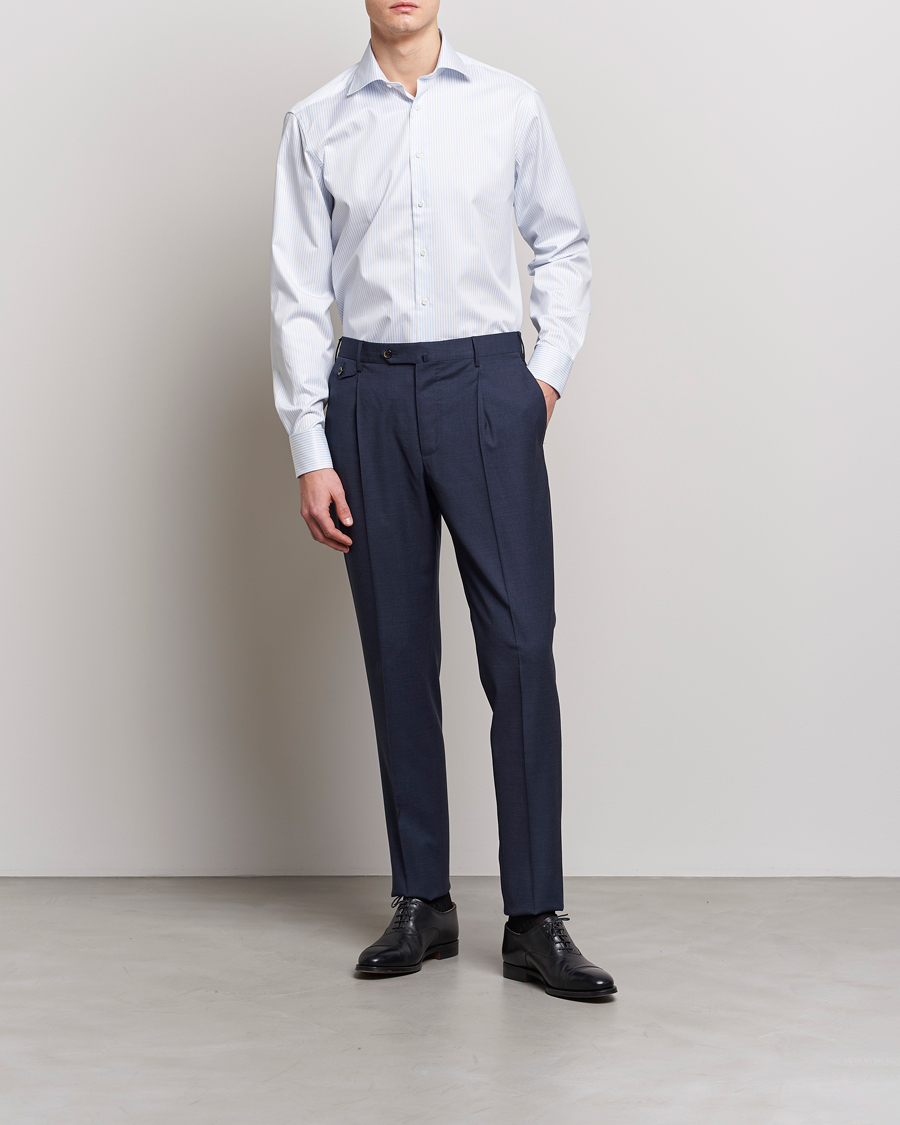 Mies | Business & Beyond | Stenströms | Fitted Body Cotton Double Cuff Shirt White/Blue