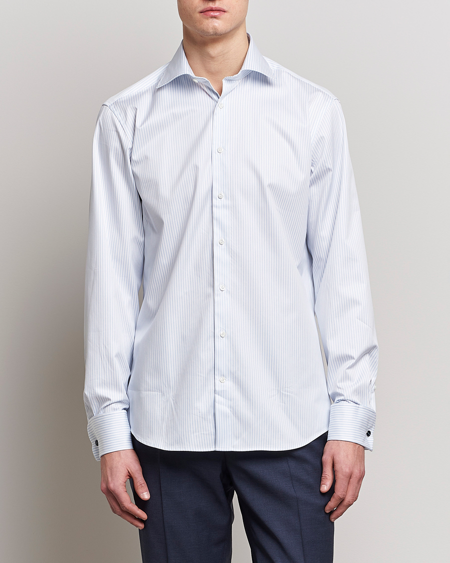 Mies | Bisnespaidat | Stenströms | Fitted Body Cotton Double Cuff Shirt White/Blue