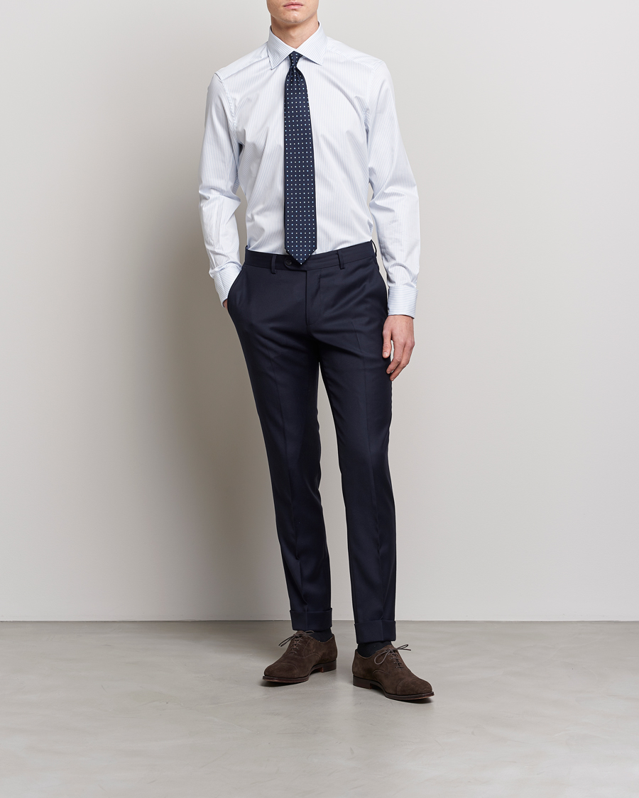 Mies | Kauluspaidat | Stenströms | Slimline Cotton Double Cuff Shirt White/Blue