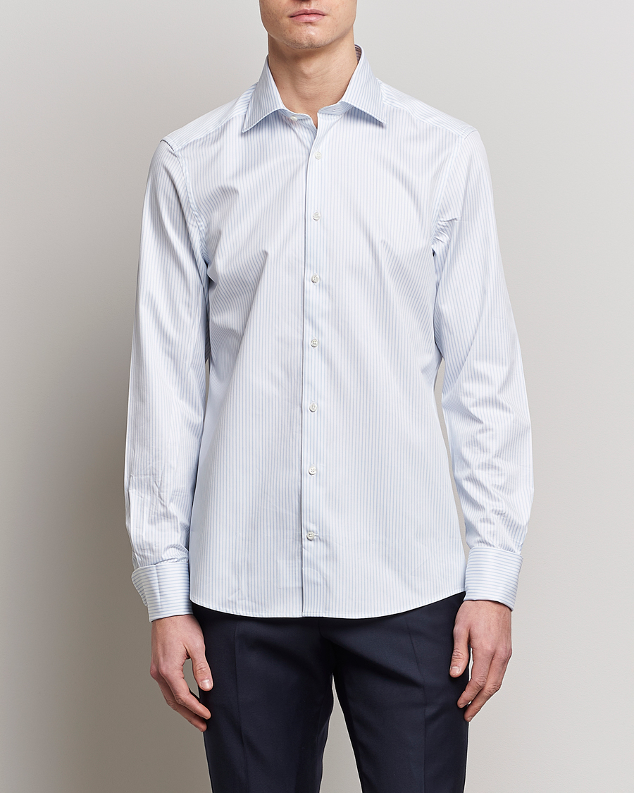 Mies |  | Stenströms | Slimline Cotton Double Cuff Shirt White/Blue