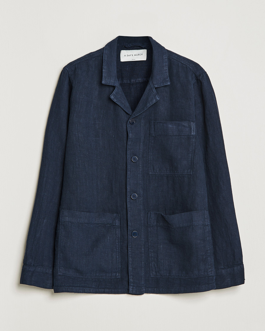 Mies | Kauluspaidat | A Day's March | Bangher Linen Overshirt Navy