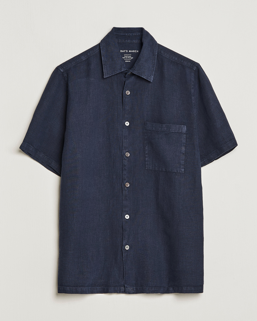 Mies | Kauluspaidat | A Day's March | Khito Short Sleeve Linen Shirt Dark Navy
