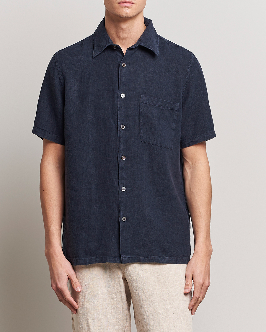 Mies | A Day's March | A Day's March | Khito Short Sleeve Linen Shirt Dark Navy