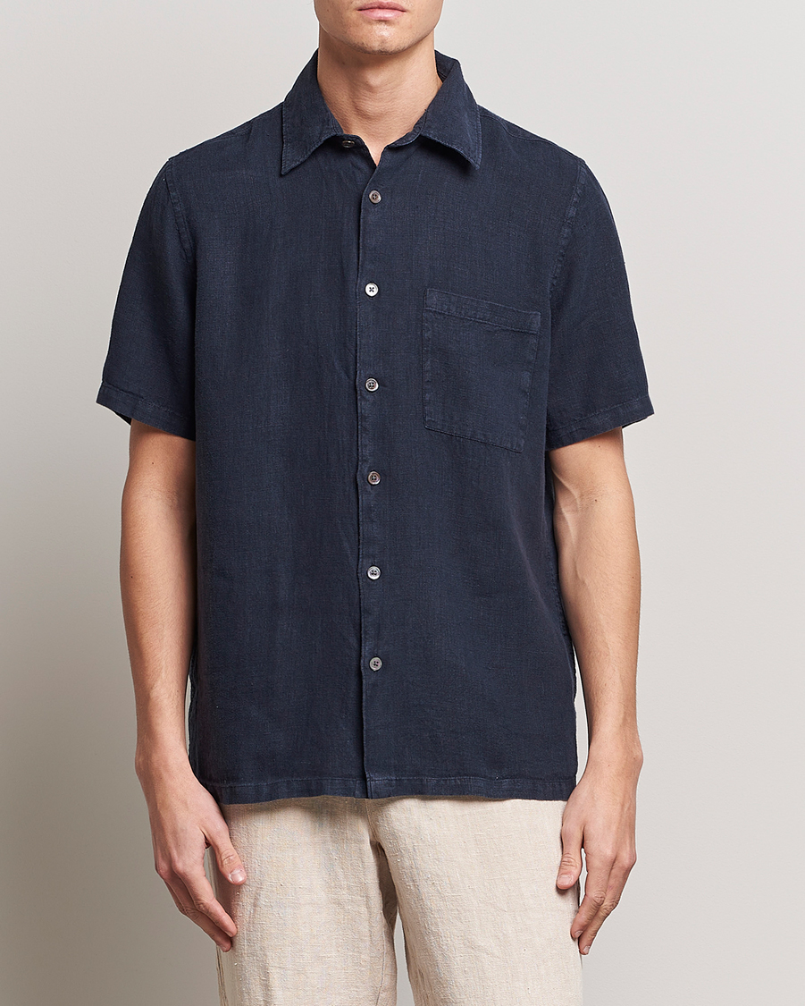Mies | Kauluspaidat | A Day's March | Khito Short Sleeve Linen Shirt Dark Navy