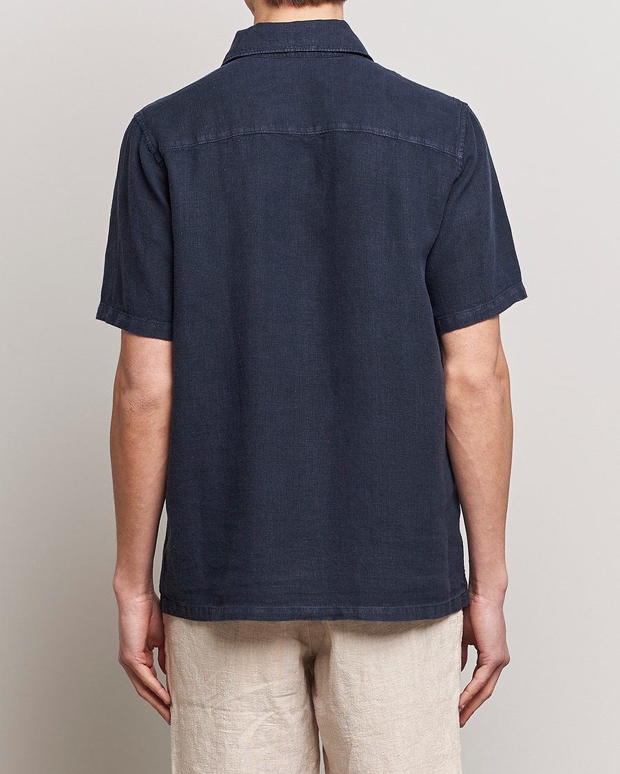 Mies | Kauluspaidat | A Day's March | Khito Short Sleeve Linen Shirt Dark Navy