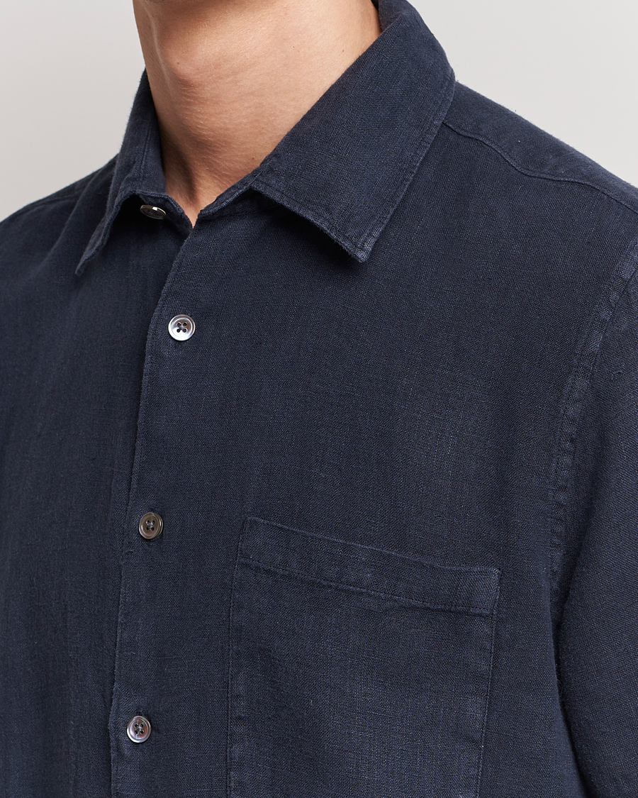 Mies | Kauluspaidat | A Day's March | Khito Short Sleeve Linen Shirt Dark Navy