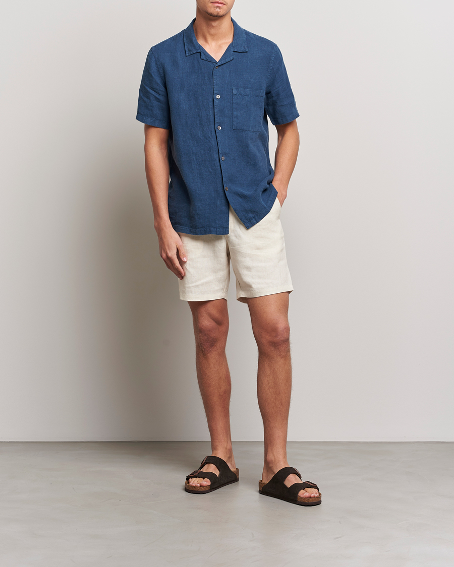 Mies | Kauluspaidat | A Day's March | Yamu Short Sleeve Linen Shirt Indigo Blue