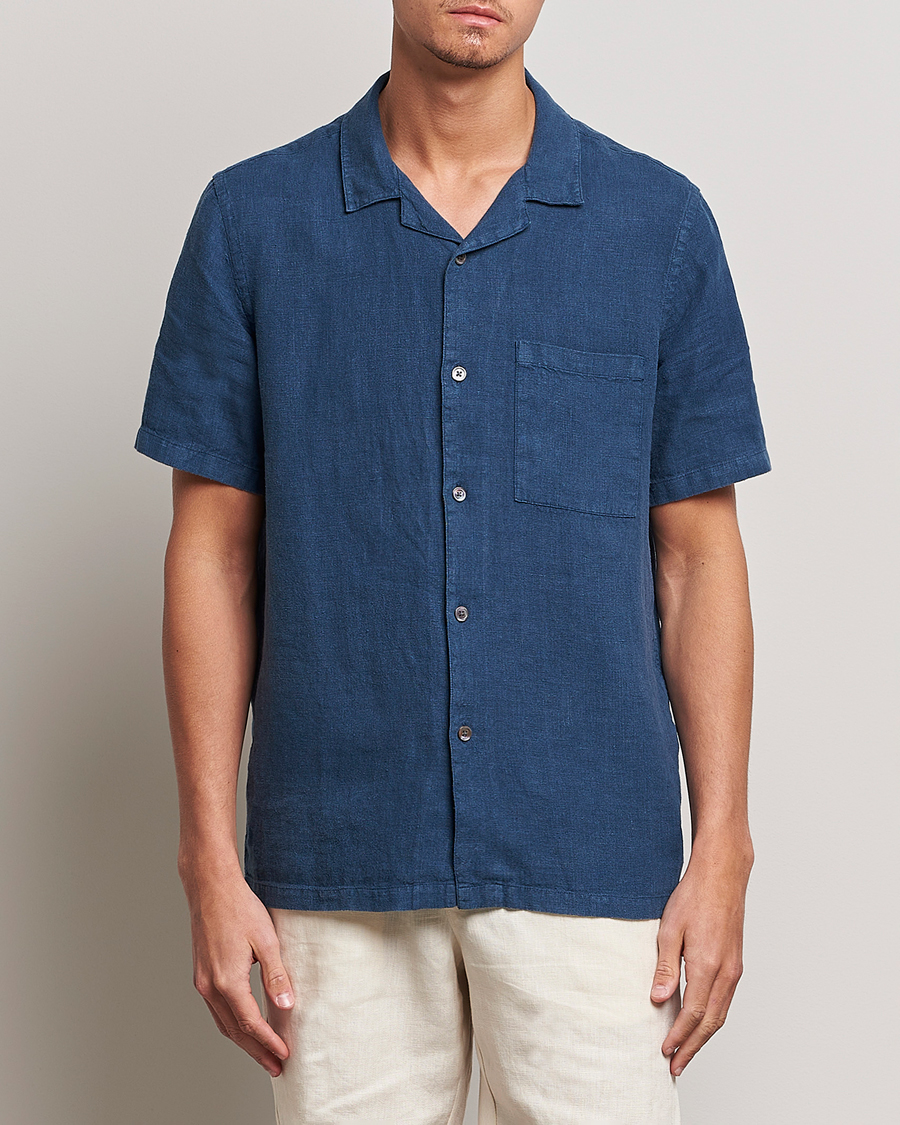 Mies | Kauluspaidat | A Day's March | Yamu Short Sleeve Linen Shirt Indigo Blue