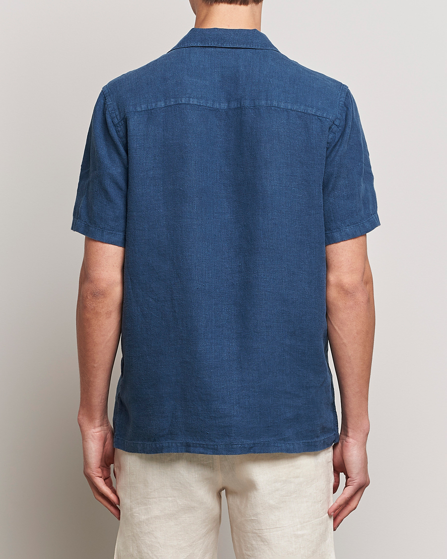 Mies | Kauluspaidat | A Day's March | Yamu Short Sleeve Linen Shirt Indigo Blue