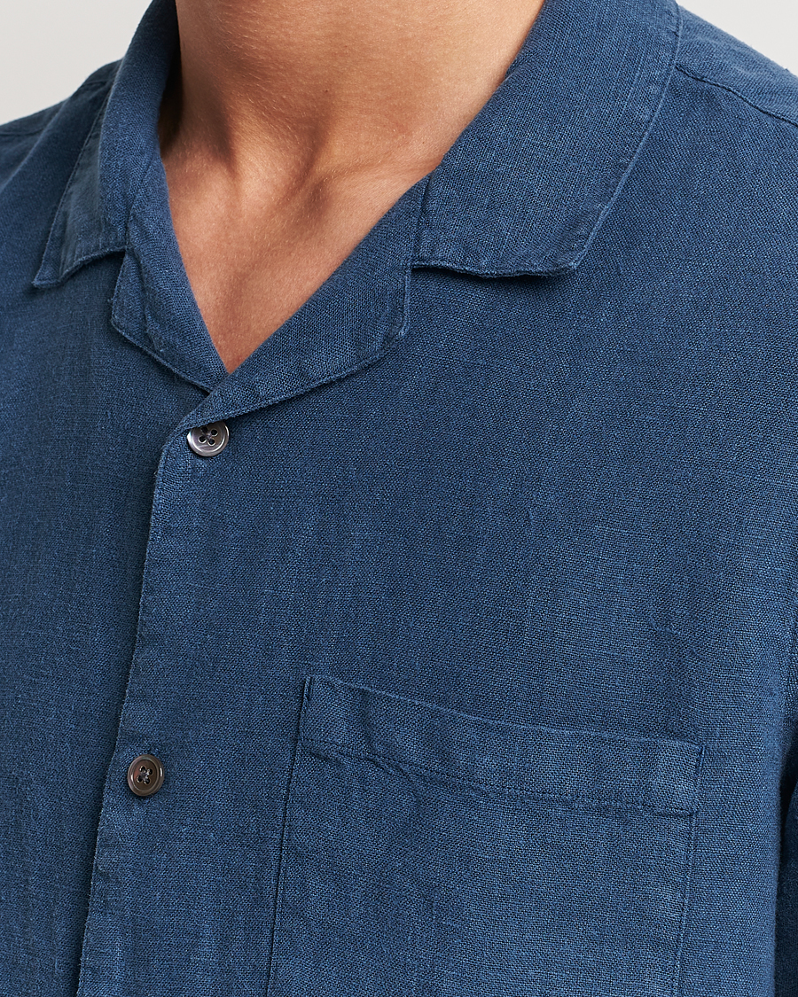 Mies | Kauluspaidat | A Day's March | Yamu Short Sleeve Linen Shirt Indigo Blue