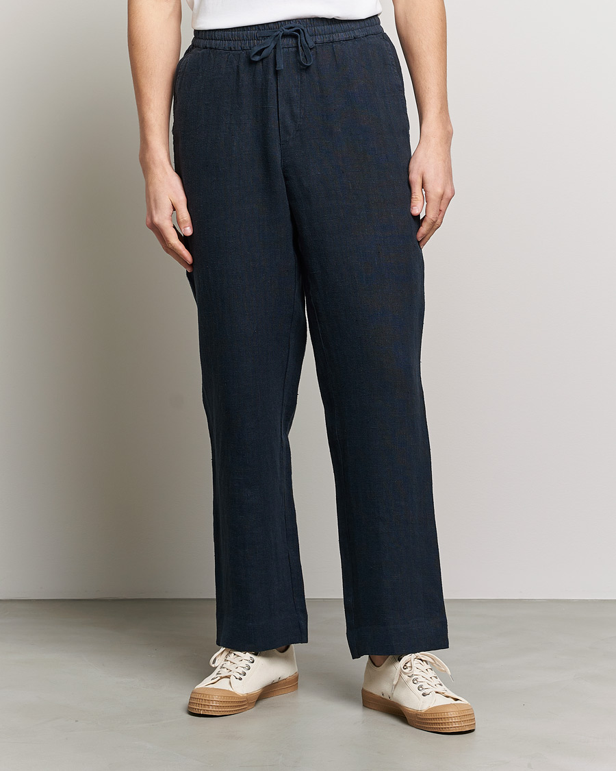 Mies | Vaatteet | A Day's March | Tamait Drawstring Linen Trousers Navy