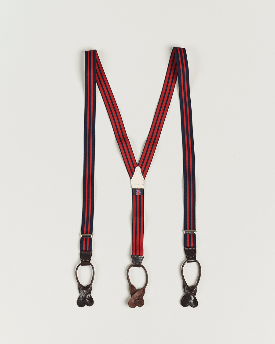 Mies | Albert Thurston Elastic Narrow Stripe Braces 25mm Navy/Red | Albert Thurston | Elastic Narrow Stripe Braces 25mm Navy/Red