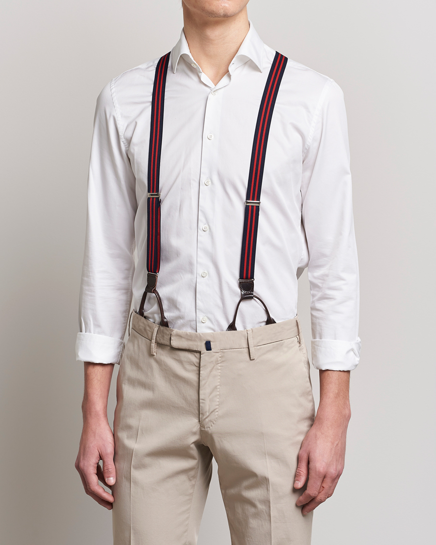 Mies | Albert Thurston Elastic Narrow Stripe Braces 25mm Navy/Red | Albert Thurston | Elastic Narrow Stripe Braces 25mm Navy/Red