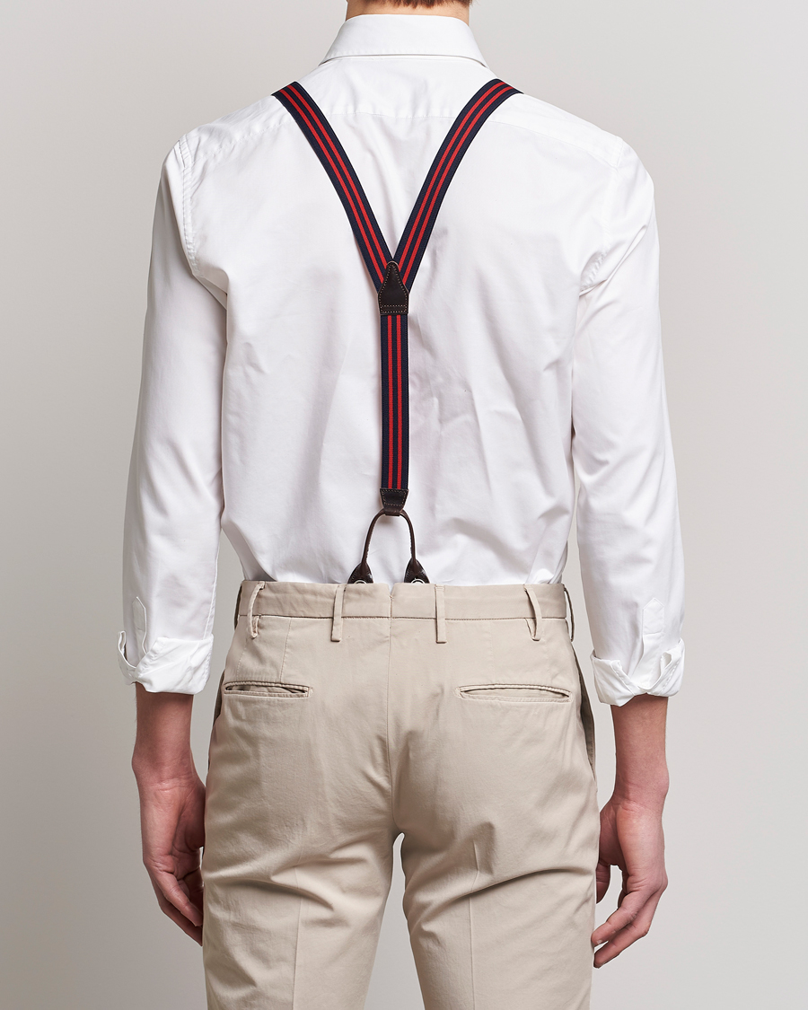 Mies | Albert Thurston Elastic Narrow Stripe Braces 25mm Navy/Red | Albert Thurston | Elastic Narrow Stripe Braces 25mm Navy/Red